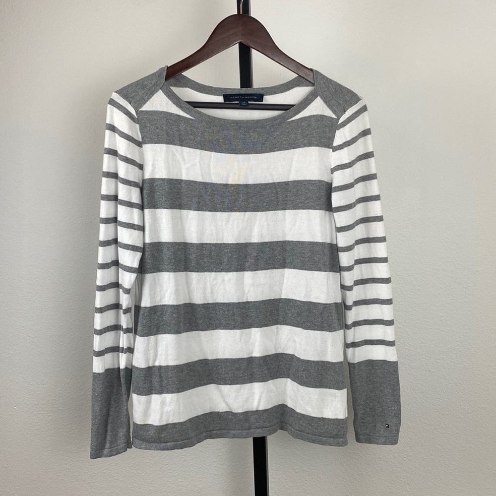 Tommy Hilfiger Gray & White Striped Cotton Lightweight Sweater, Sz S